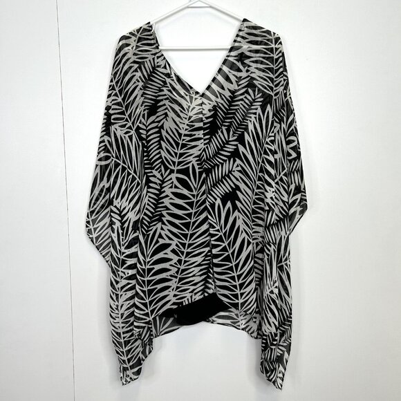 NYDJ Blouse Plus Size 3X Layered Chiffon Kaftan Black White Leaf Print - Picture 2 of 3